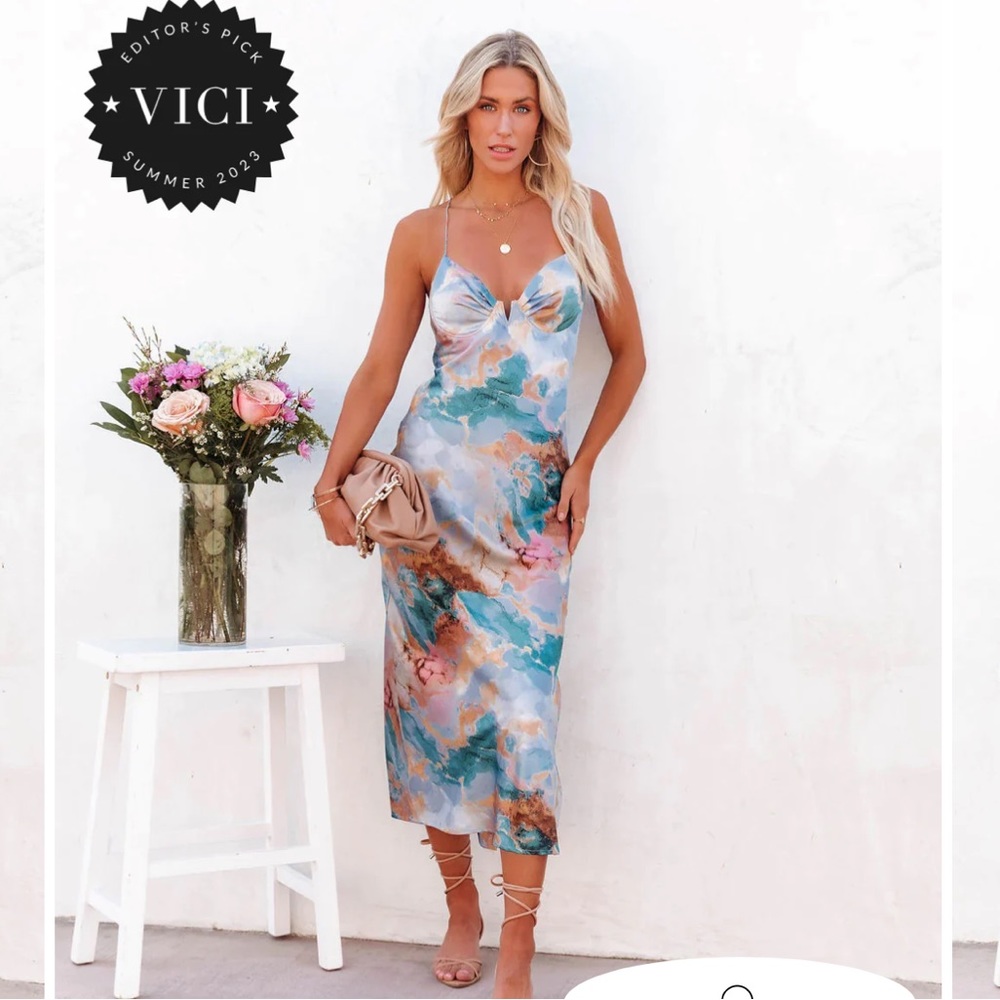 COSMO MARBLE PRINT SATIN SLIP MIDI DRESS BLUE  from VICI. Never Worn.